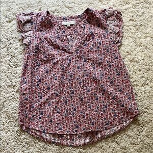 LOFT Red and White Ruffled Cap Sleeve Blouse